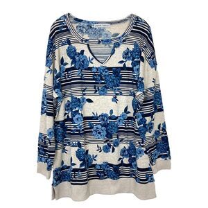 Absolutely Famous Women's Sweater Size 2X Blue Tan Floral Stretch Neck Cutout